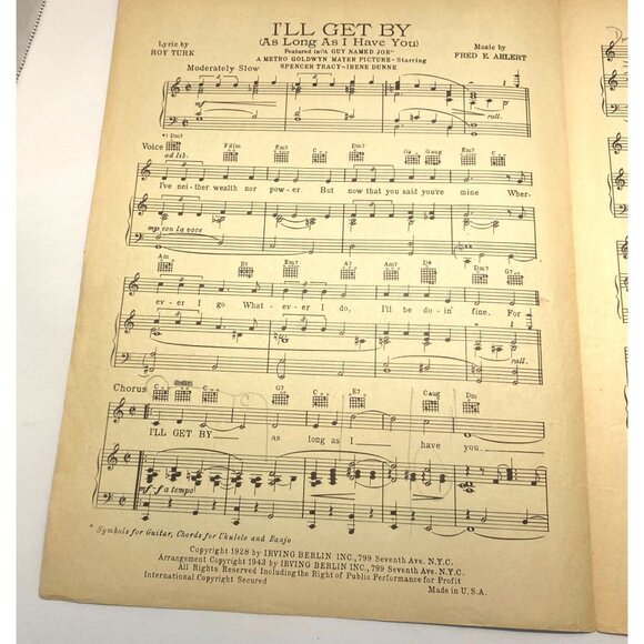 Ill Get By Vintage Piano Sheet Music Roy Turk Fred Ahlert 40s A Guy Named Joe - Picture 2 of 7
